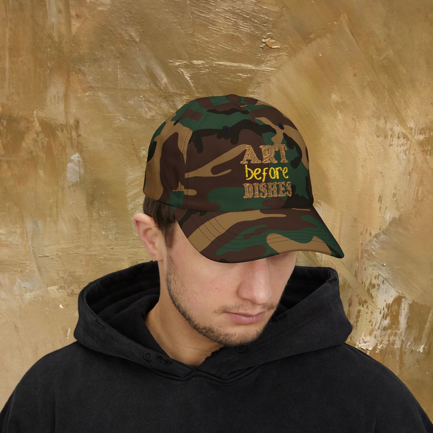 Camo Dad Cap — "Art Before Dishes" Embroidered Baseball Hat