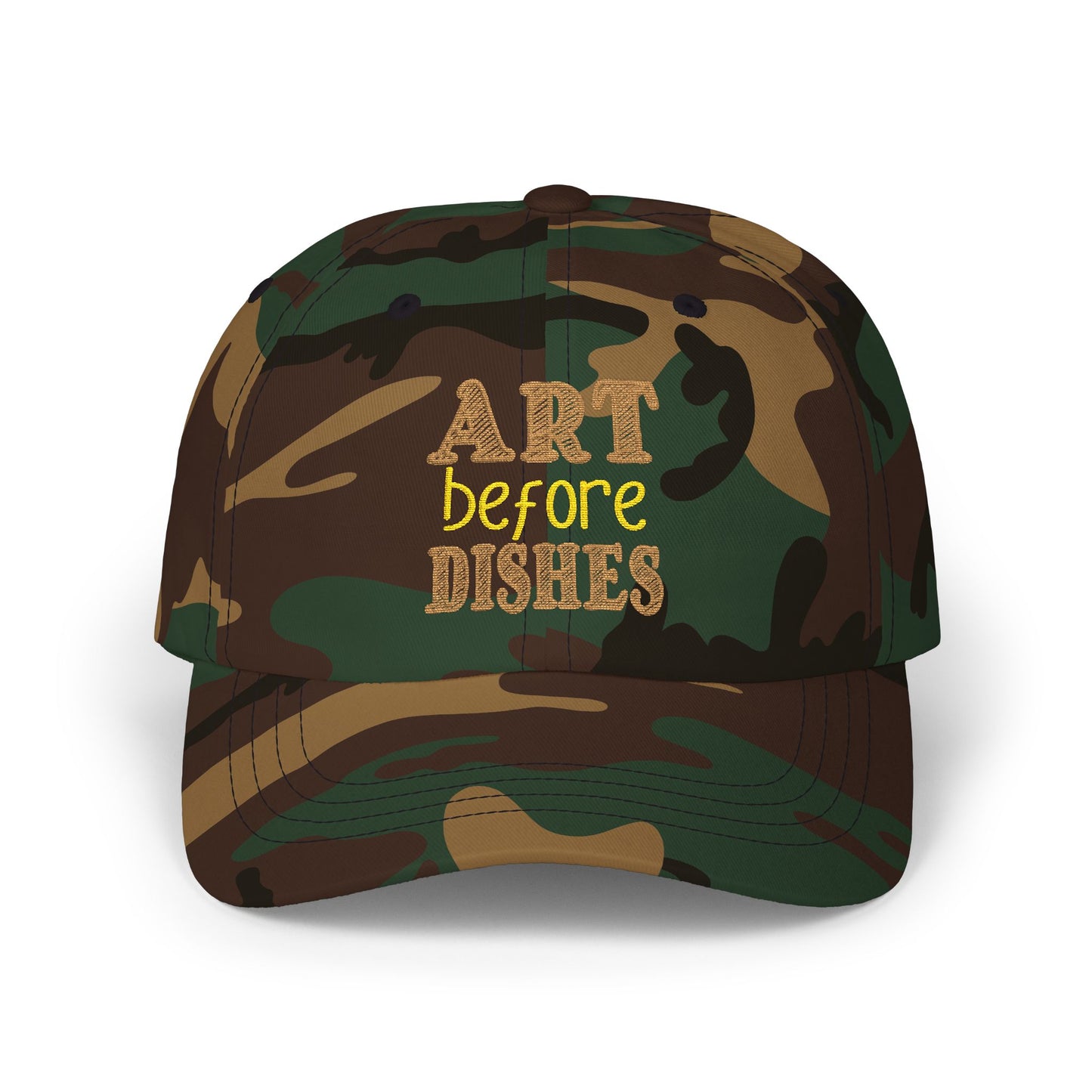 Camo Dad Cap — "Art Before Dishes" Embroidered Baseball Hat