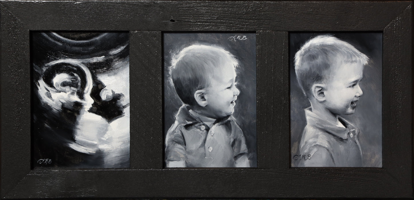 Custom Baby, Ultrasound, Toddler, Original Oil Paintings Art, Framed 5x7 Black and White or Umber, Hand Painted by Anna Rose Bain