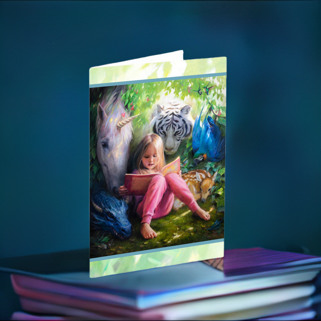 Set of 8 A7 (5x7") Child Reading to Animals Blank Greeting Cards with White Envelopes Featuring Oil Painting by Anna Rose Bain