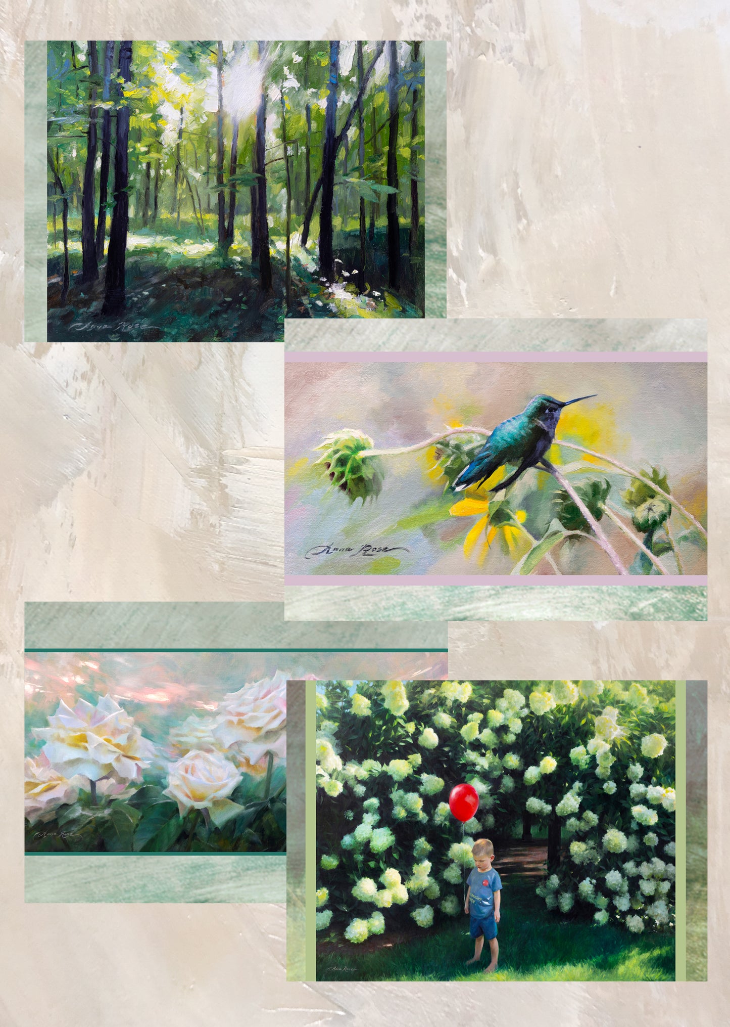 Set of 8 A7 (5x7") Luscious Greens Blank Greeting Cards with White Envelopes Featuring the Oil Paintings of Anna Rose Bain