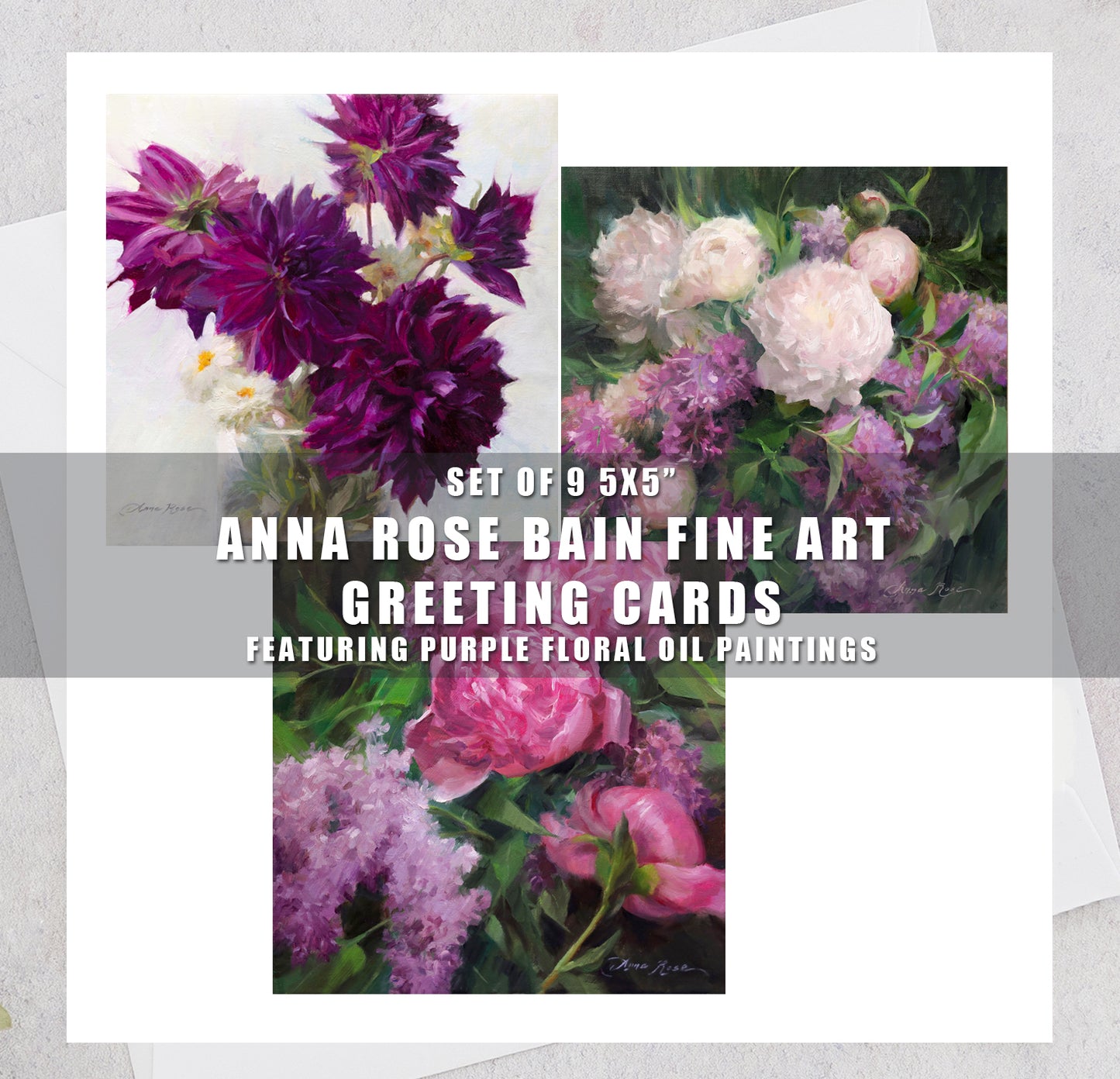 Purple Florals - Greeting Cards 5x5" set of 9 with envelopes