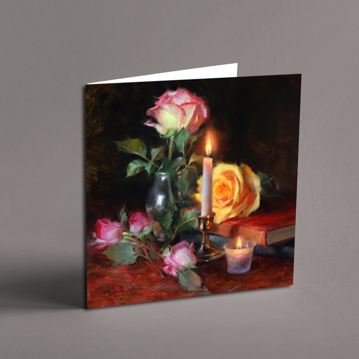 Roses and Two Candles - Greeting Cards 5x5" set of 8 with envelopes - Featuring Fine Art Oil Painting by Anna Rose Bain