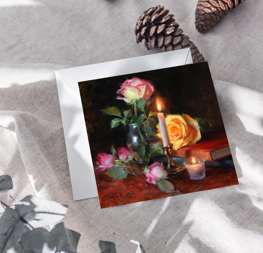 Roses and Two Candles - Greeting Cards 5x5" set of 8 with envelopes - Featuring Fine Art Oil Painting by Anna Rose Bain