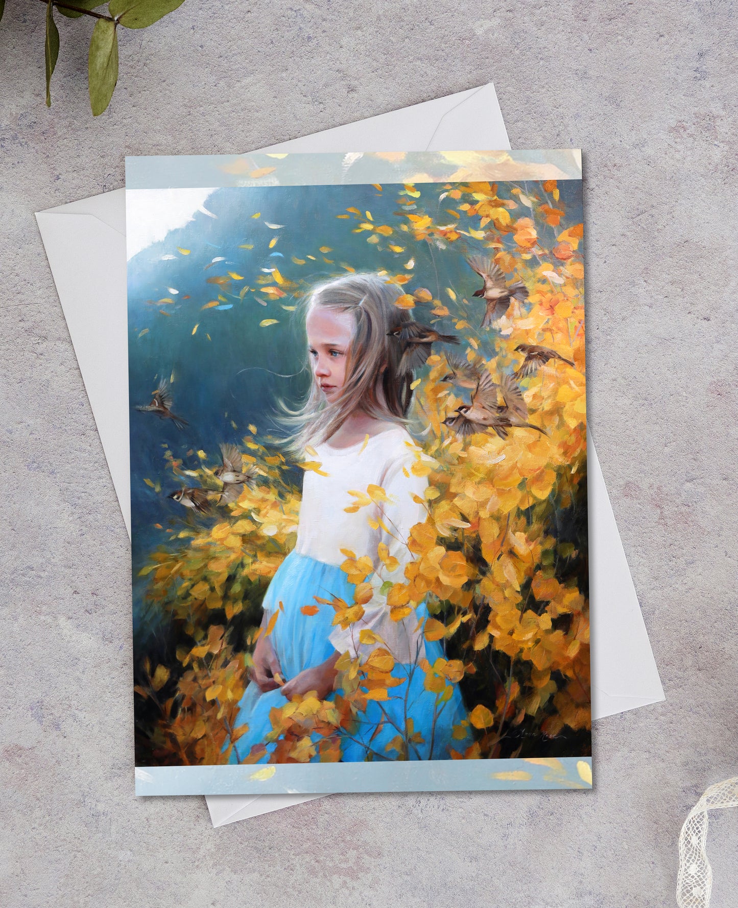 Set of 8 A7 (5x7") Child with Sparrows Blank Greeting Cards with White Envelopes Featuring Oil Painting by Anna Rose Bain
