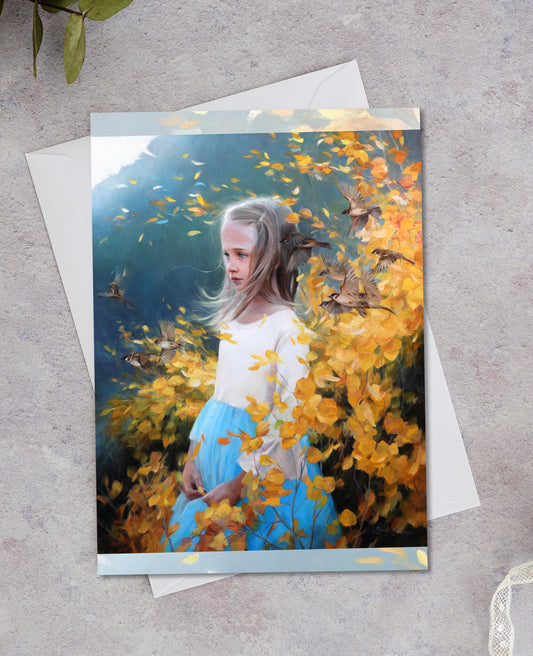 Set of 8 A7 (5x7") Child with Sparrows Blank Greeting Cards with White Envelopes Featuring Oil Painting by Anna Rose Bain