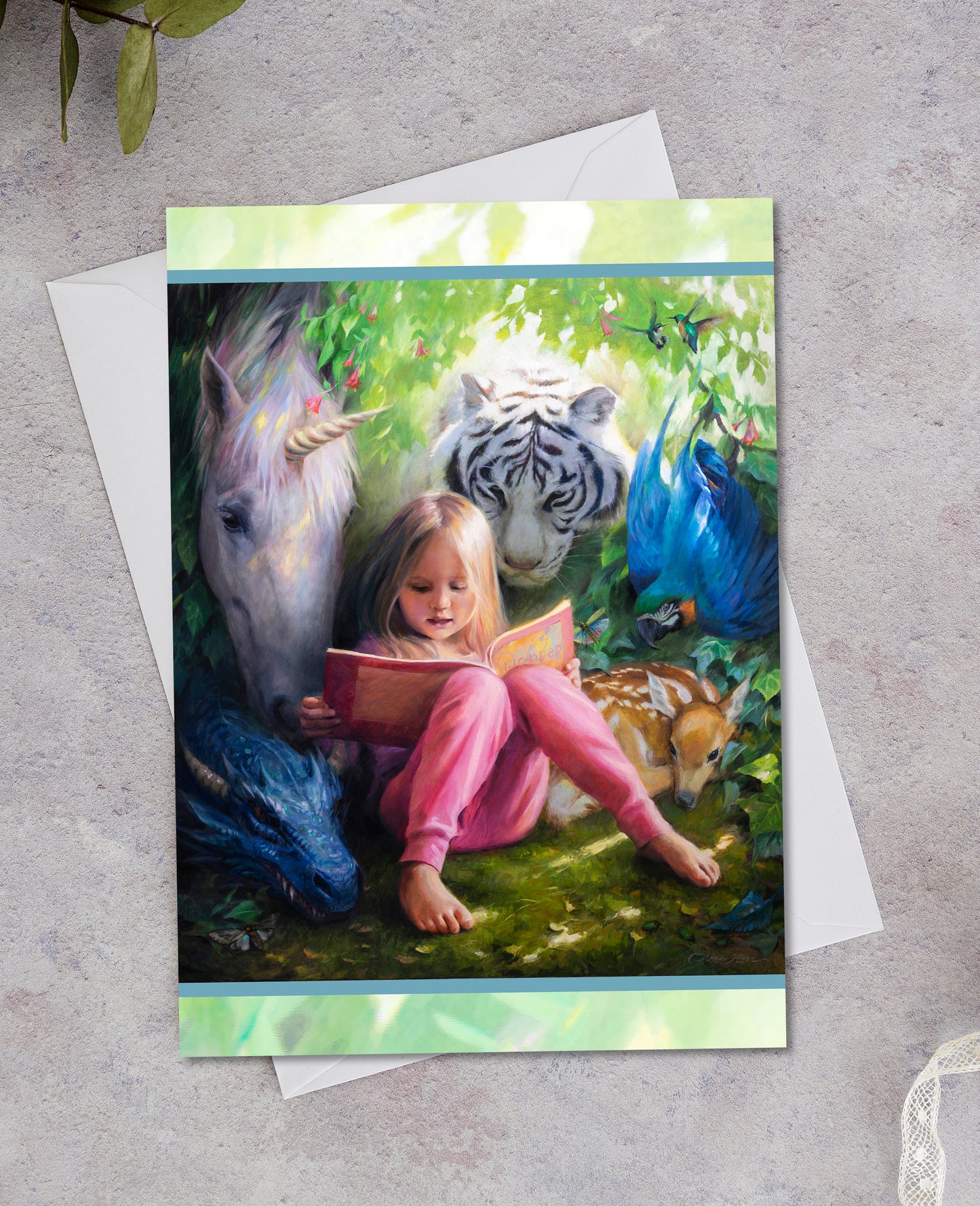 Set of 8 A7 (5x7") Child Reading to Animals Blank Greeting Cards with White Envelopes Featuring Oil Painting by Anna Rose Bain