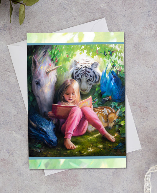 Set of 8 A7 (5x7") Child Reading to Animals Blank Greeting Cards with White Envelopes Featuring Oil Painting by Anna Rose Bain