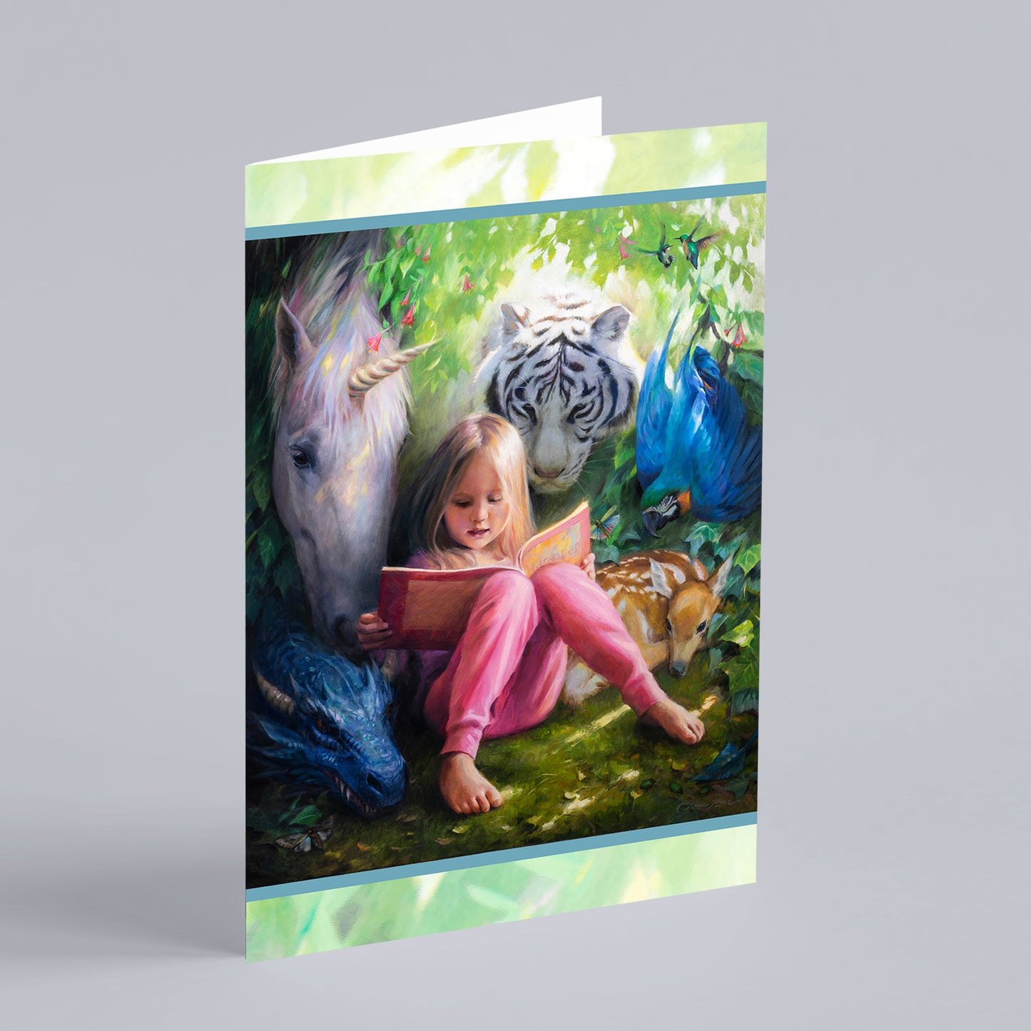 Set of 8 A7 (5x7") Child Reading to Animals Blank Greeting Cards with White Envelopes Featuring Oil Painting by Anna Rose Bain