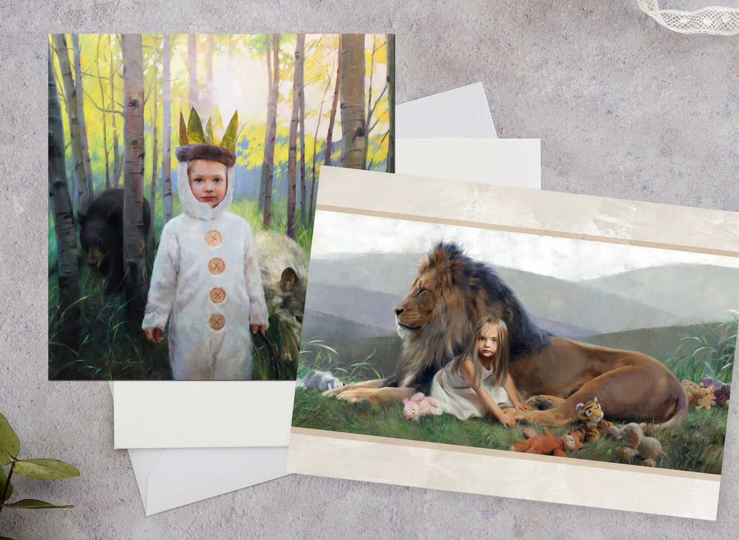 Set of 8 A7 (5x7") and 5"x5" Children with Animals Blank Greeting Cards with White Envelopes Featuring the Oil Paintings of Anna Rose Bain