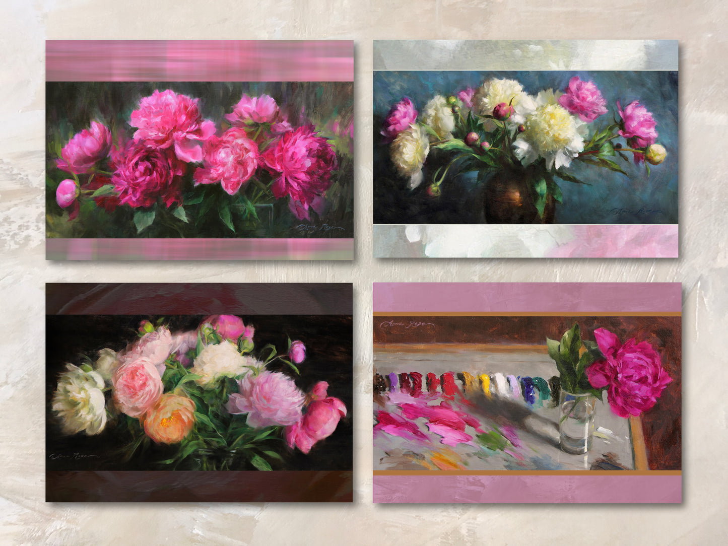 Set of 8 A7 (5x7") Floral Peony Blank Greeting Cards with White Envelopes Featuring the Oil Paintings of Anna Rose Bain
