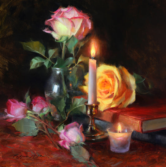 Roses and Two Candles Signed Limited Edition Giclee