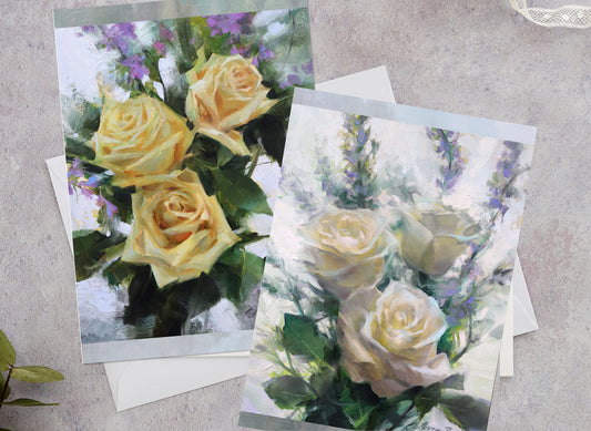 Set of 8 A7 (5x7") White & Yellow Roses Blank Greeting Cards with White Envelopes Featuring the Oil Paintings of Anna Rose Bain